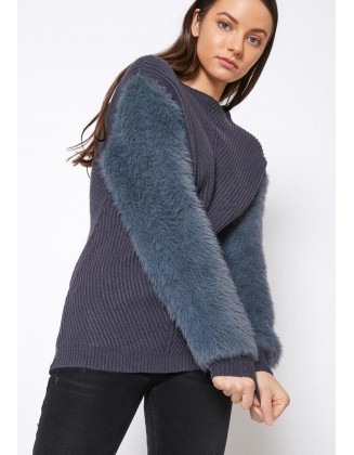 Faux Fur Sleeve Boat Neck Sweater