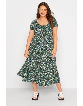 & Green Floral Ruched Midaxi Dress