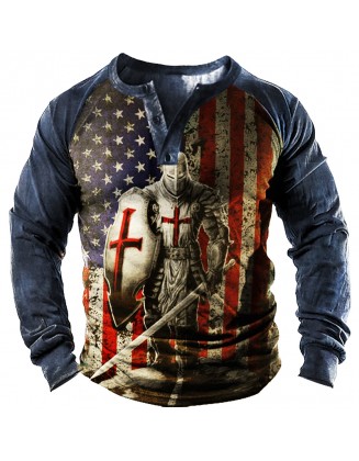 American Flag Templar Jesus Cross Vintage Print Henley Men's Long Sleeves T-Shirt