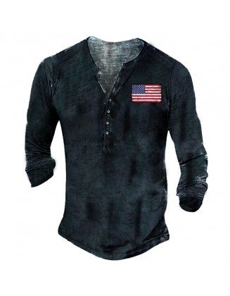 American Flag Men Vintage Henley Button Long Sleeve Shirt