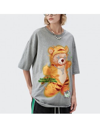 2022 SS New Reflective Tiger Bear Cartoon Print Loose Short Sleeve T-Shirt Men