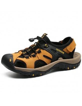 Men's Leather Toe Velcro Heel Lace-Up Outdoor Sports Casual Sandals