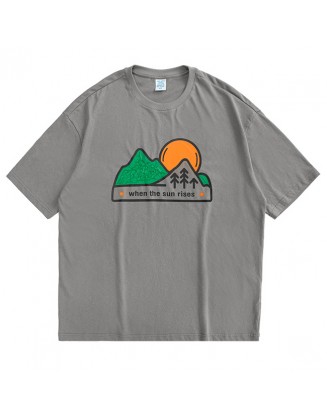 Cartoon Sunset Mountain Forest Three-dimensional Print T-shirt