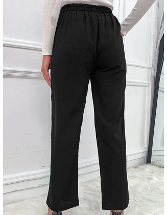 Casual Solid Color Button High Waist Trousers
