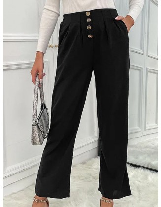 Casual Solid Color Button High Waist Trousers