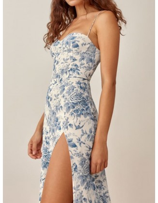 Blue Floral Print Split Slip Dress
