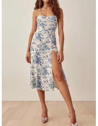 Blue Floral Print Split Slip Dress