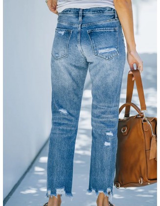 Casual Solid Color Ripped Straight-Leg Jeans