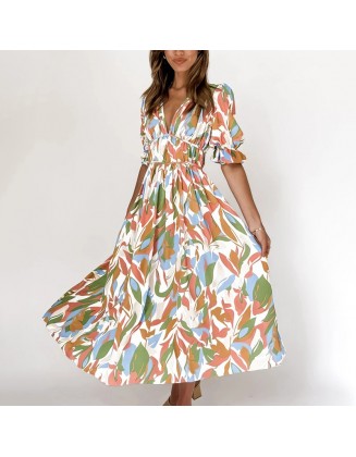 Abstract Floral Print V-neck Short Sleeves Maxi Dress