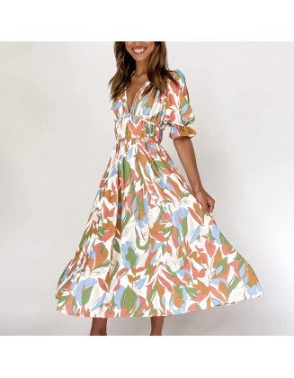 Abstract Floral Print V-neck Short Sleeves Maxi Dress