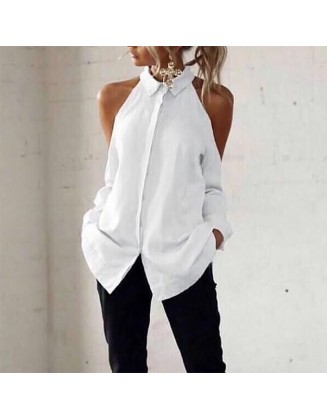 Casual Off-Shoulder Turndown Collar Splicing Pure Colour Blouse