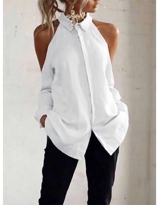 Casual Off-Shoulder Turndown Collar Splicing Pure Colour Blouse