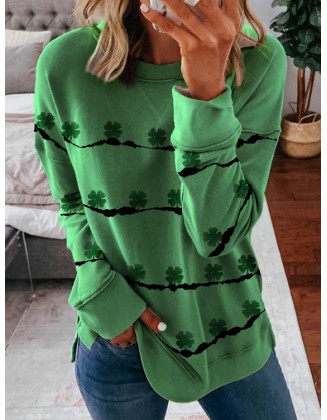 Casual Loose Round Neck Clover Print Long Sleeve T-shirt